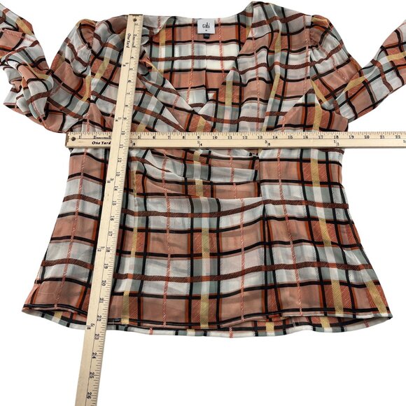 Cabi Women's Plaid Long Sleeve Blouse Medium Polyester Peach/Black Career - Picture 2 of 5